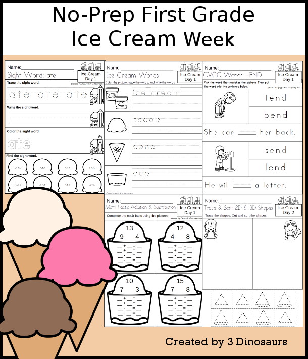 No-Prep Ice Cream Weekly Packs for First Grade with 5 days of activities to do to learn with a summer Ice Cream theme. - 3Dinosaurs.com