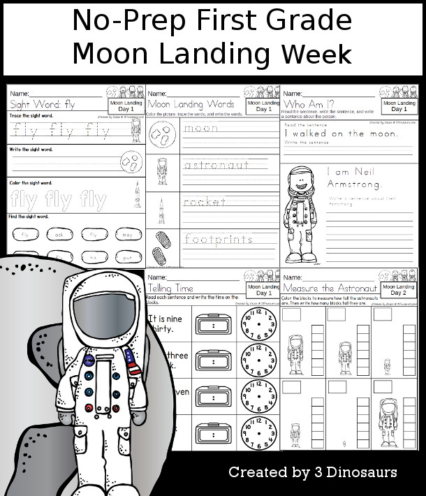 No-Prep Moon Landing Weekly Packs for First Grade with 5 days of activities to do to learn with a spring Moon Landing theme. - 3Dinosaurs.com
