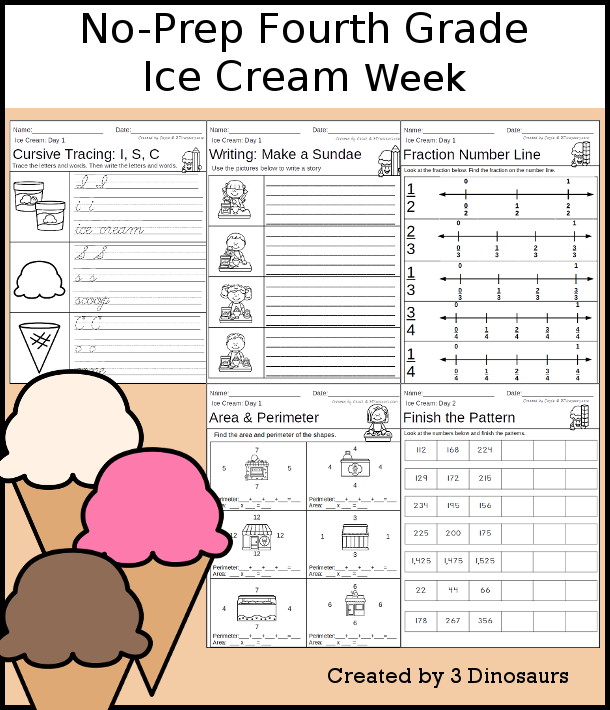 No-Prep Ice Cream Weekly Packs for Fourth Grade with 5 days of activities to do to learn with a summer ice cream theme for kids that is great for summer review or back to school  - 3Dinosaurs.com