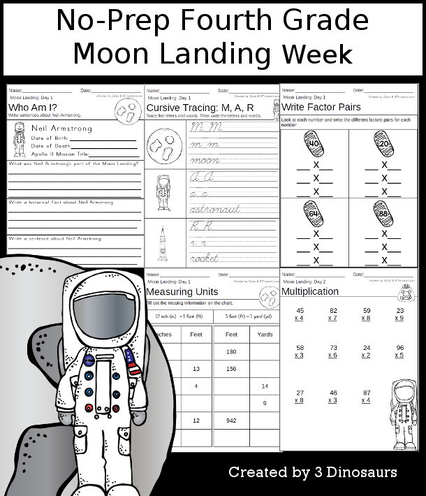 No-Prep Moon Landing Weekly Packs for Fourth Grade with 5 days of activities to do to learn with a space and history theme with the moon landing. - 3Dinosaurs.com