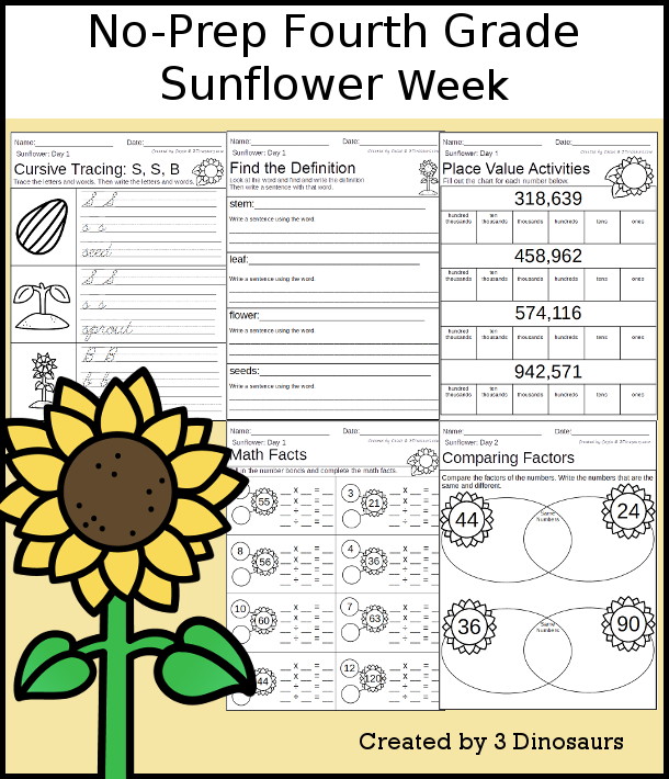 No-Prep Sunflower Weekly Packs – Prek to Fourth Grade – 3 Dinosaurs