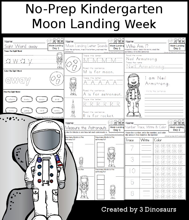 No-Prep Moon Landing Weekly Packs for Kindergarten with 5 days of activities to do to learn with a spring Moon Landing theme - 3Dinosaurs.com