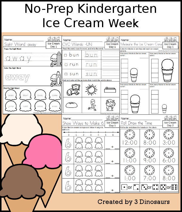 No-Prep Ice Cream Weekly Packs for Kindergarten with 5 days of activities to do to learn with a summer Ice Cream theme - 3Dinosaurs.com