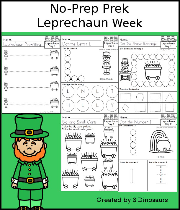No-Prep Leprechaun Weekly Packs for PreK with 5 days of activities to do to learn with a spring or winter Leprechaun theme - 3Dinosaurs.com