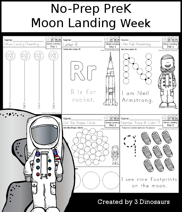 No-Prep Moon Landing Weekly Packs for PreK  with 5 days of activities to do to learn with a spring Moon Landing theme - - 3Dinosaurs.com