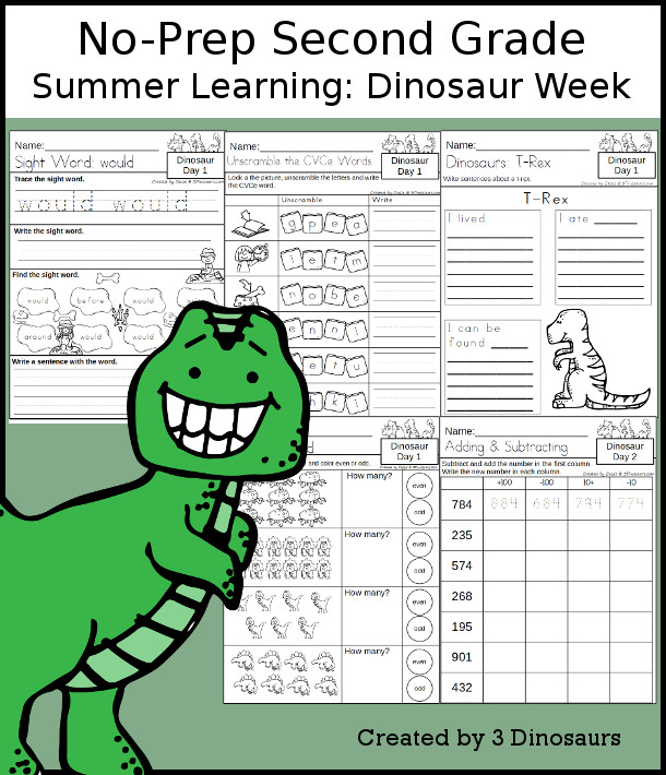 No-Prep Dinosaur Themed Weekly Pack for Second Grade with 5 days of activities to do to learn with a summer Dinosaur theme - 3Dinosaurs.com
