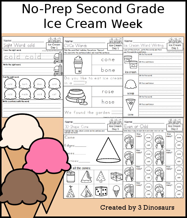 No-Prep Ice Cream Weekly Pack for Second Grade with 5 days of activities to do to learn with a summer Ice Cream theme - 3Dinosaurs.com