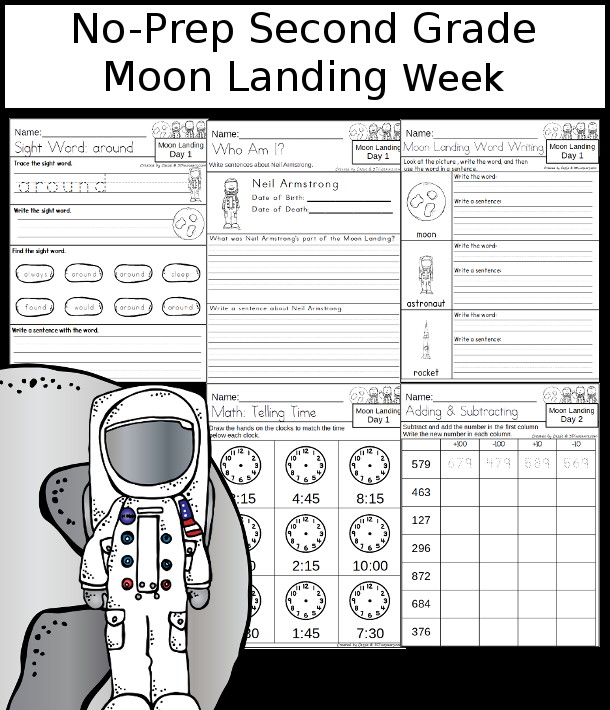 No-Prep Moon Landing Weekly Pack for Second Grade with 5 days of activities to do to learn with a spring Moon Landing theme - 3Dinosaurs.com