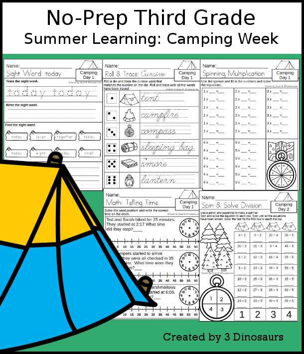 No-Prep Camping Themed Weekly Packs for Third Grade with 5 days of activities to do to learn with a summer Camping.  - 3Dinosaurs.com