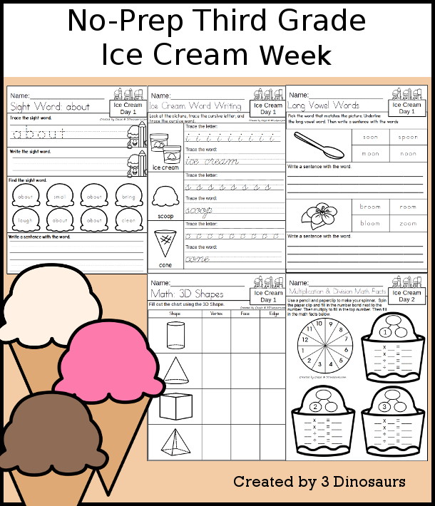 No-Prep Ice Cream Weekly Packs for Third Grade with 5 days of activities to do to learn with a spring Ice Cream.  - 3Dinosaurs.com