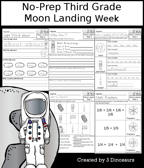 No-Prep Moon Landing Weekly Packs for Third Grade with 5 days of activities to do to learn with a spring Moon Landing.  - 3Dinosaurs.com