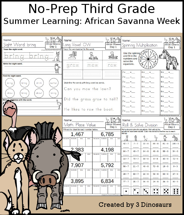 No-Prep African Savanna Weekly Packs for Third Grade with 5 days of activities to do to learn with a spring African Savanna.  - 3Dinosaurs.com