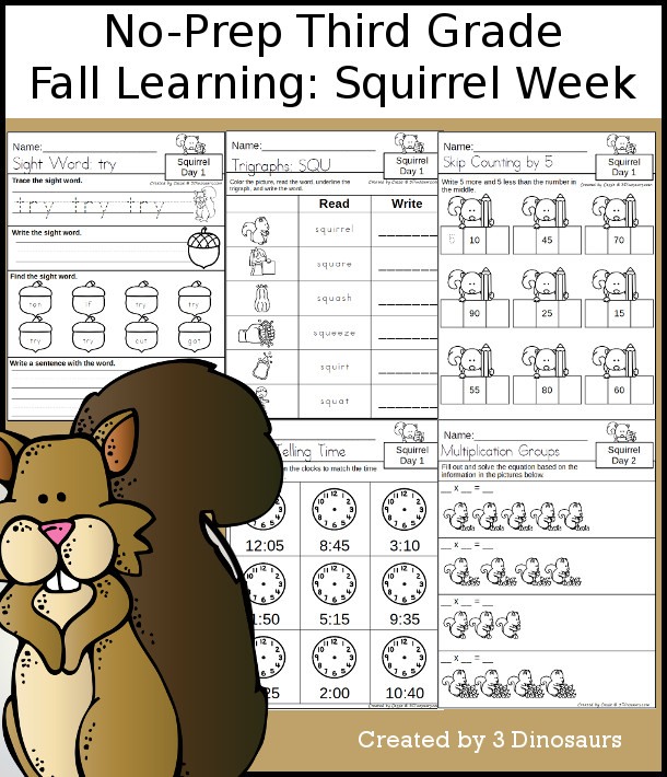 No-Prep Squirrel Weekly Packs for Third Grade with 5 days of activities to do to learn with a fall Squirrel.  - 3Dinosaurs.com