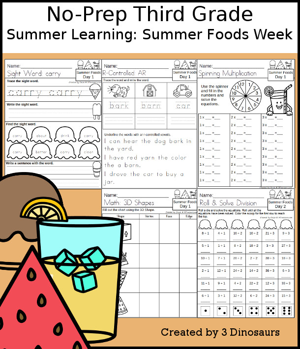 No-Prep Summer Foods Weekly Packs for Third Grade with 5 days of activities to do to learn with a spring Summer Foods.  - 3Dinosaurs.com