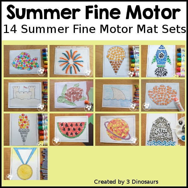 Summer Fine Motor Mat Printable Set with 14 different themes fine motor mats with dot markers, template, tracing, playdough mats and q-tip printables for building fine motor skills during the summer- 3Dinosaurs.com