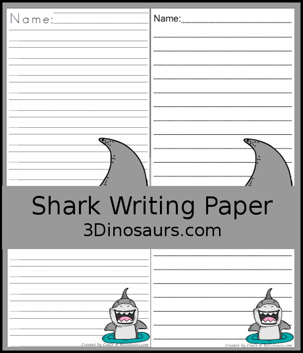 Free Shark Writing Paper Printables - You have two writing paper with a shark fine and a shark out of the water. Both coming single line paper and guideline paper for kids. Great for any ocean theme or shark theme. 3Dinosaurs.com