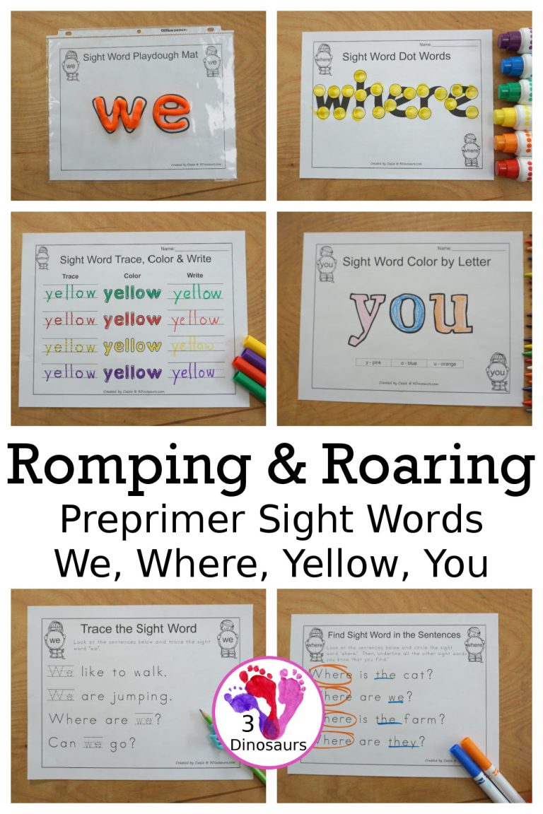 Free Romping & Roaring Preprimer Sight Words Packs Set 10: We, Where, Yellow, You