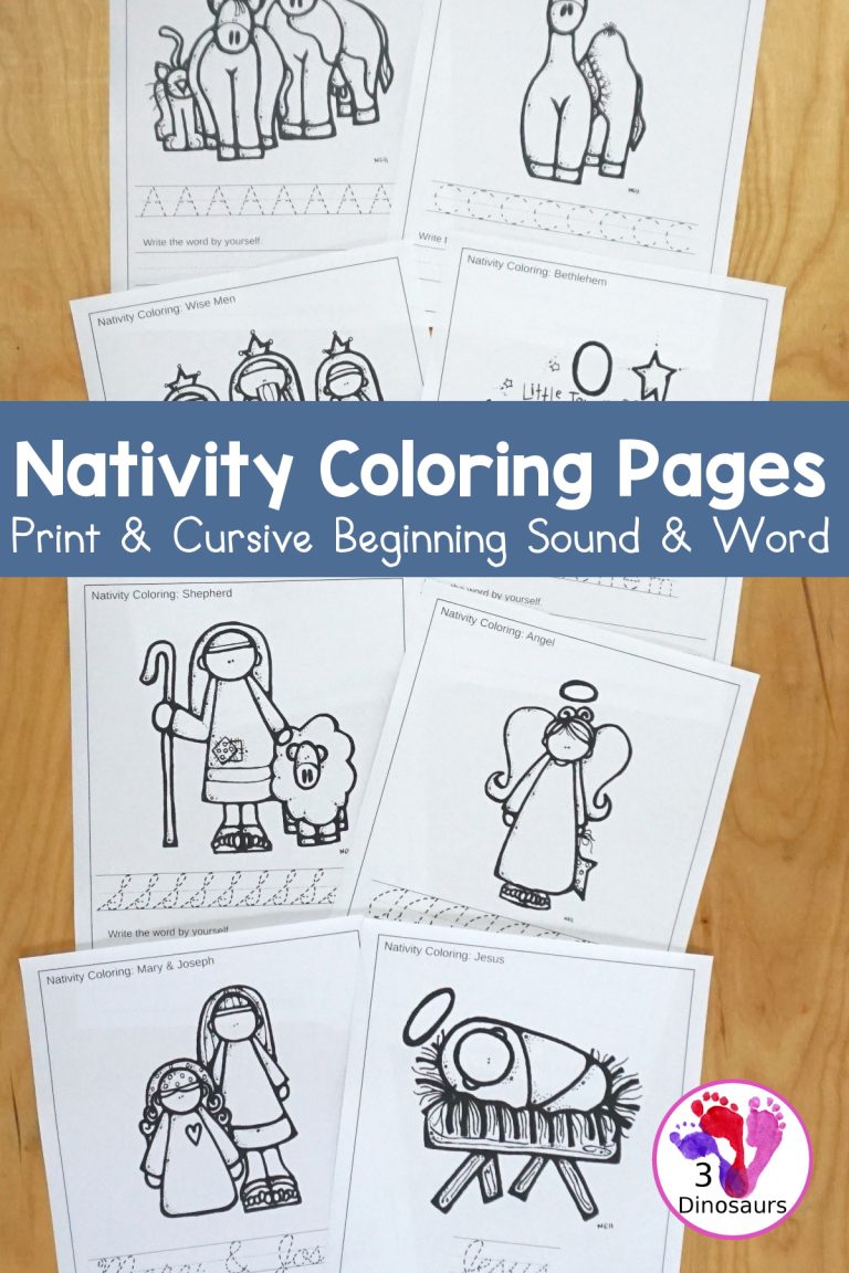 Free Nativity Coloring Printable with Word Print & Cursive