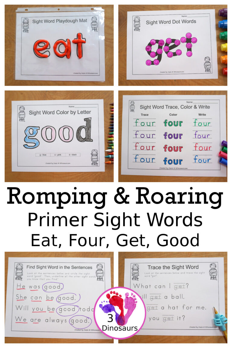 Free Romping & Roaring Primer Sight Words Packs Set 4: Eat, Four, Get, Good