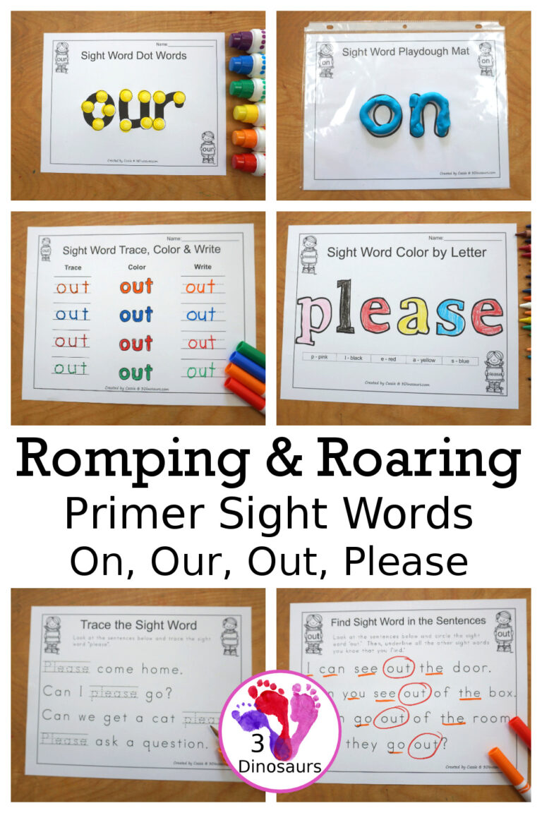 Free Romping & Roaring Primer Sight Words Packs Set 7: On, Our, Out, Please