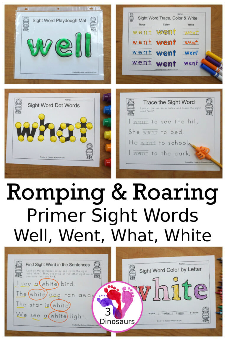 Free Romping & Roaring Primer Sight Words Packs Set 12: Well, Went, What, White