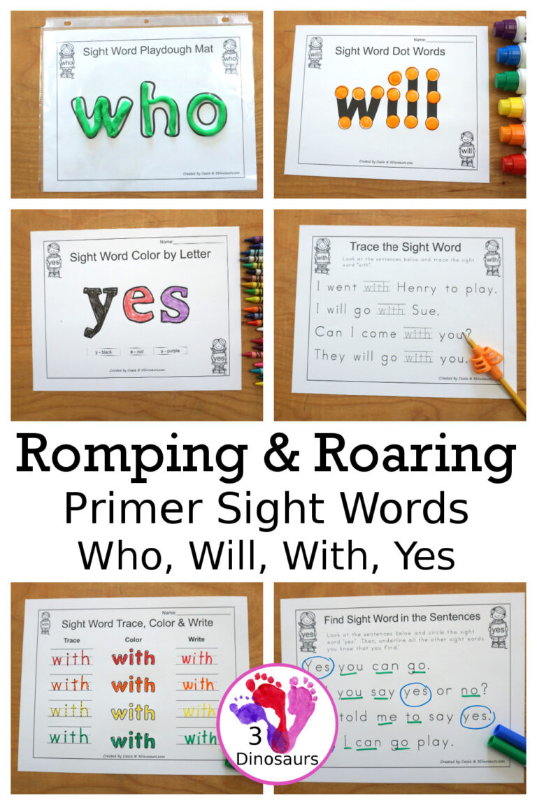 Free Romping & Roaring Primer Sight Words Packs Set 13: Who, Will, With, Yes