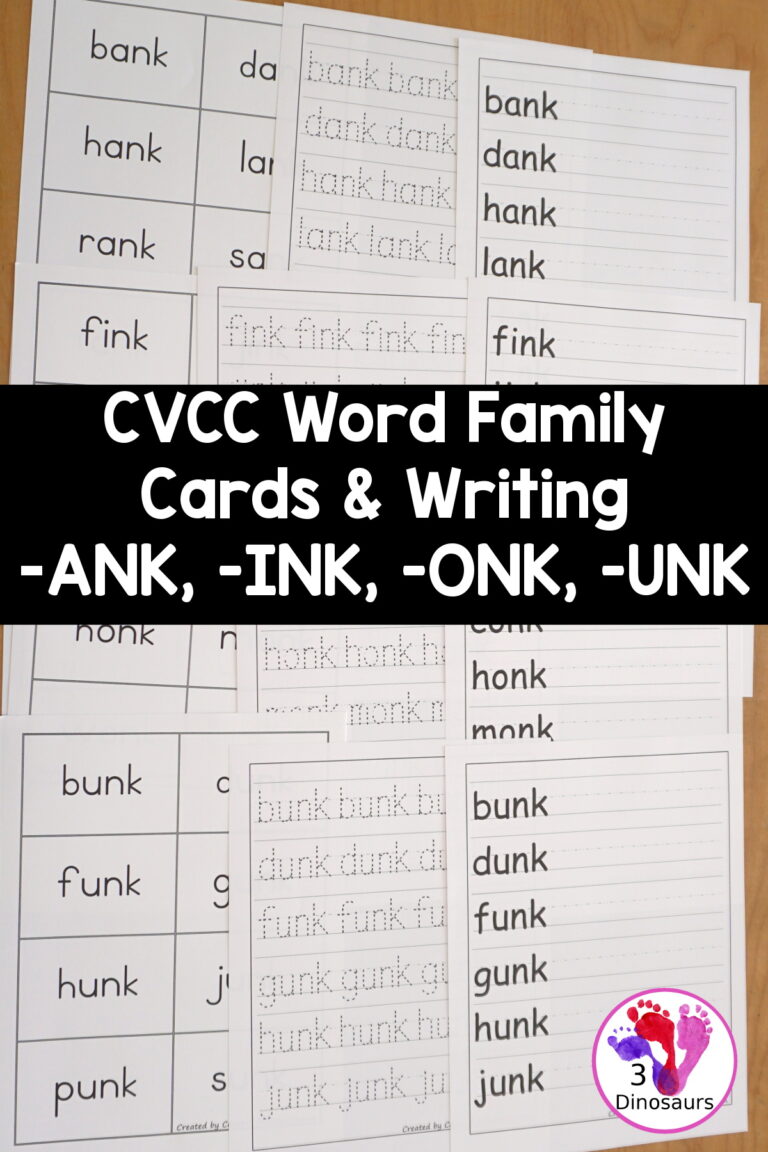 Free CVCC Word Family Cards & Writing: ANK, INK, ONK, UNK