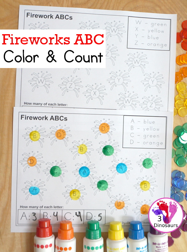No-Prep Free Fireworks ABC Color & Count Printable