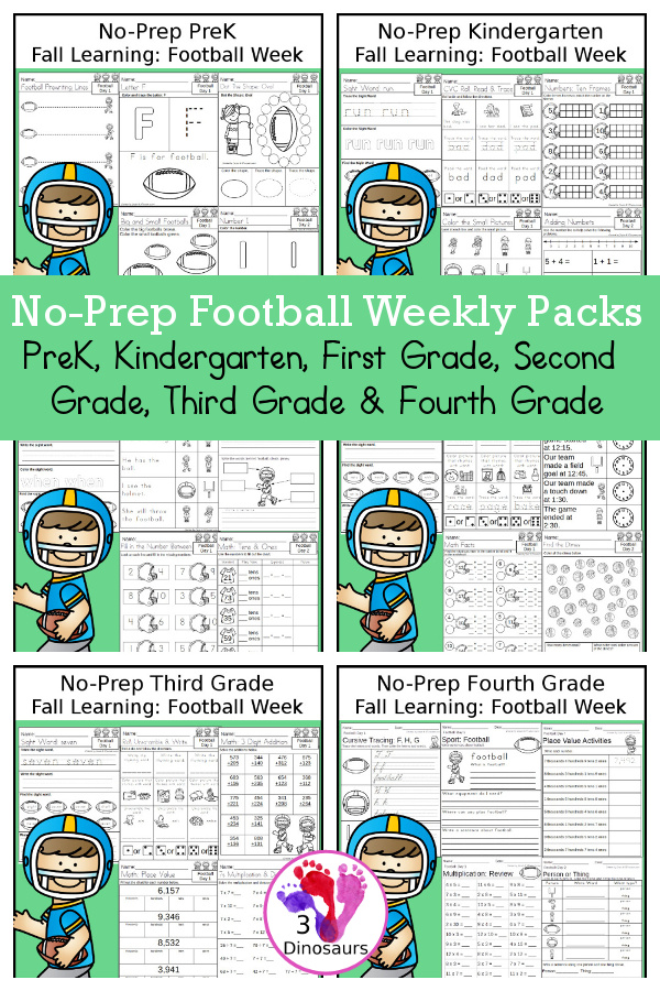 No-Prep Football Weekly Packs PreK to 4th Grade