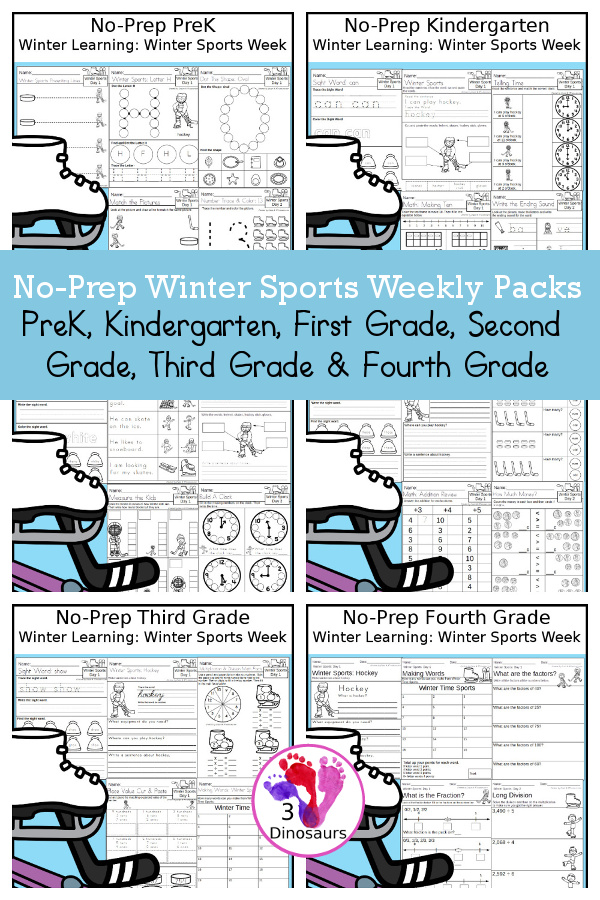 No-Prep Winter Sports Weekly Packs - Prek to 4th Grade