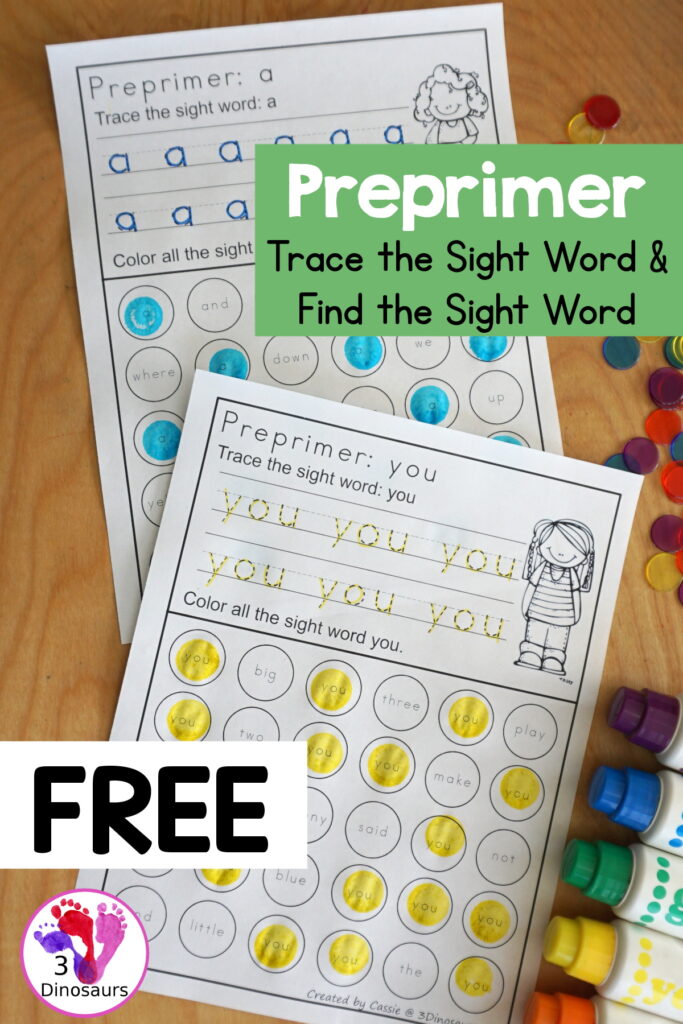 Free Preprimer Sight Word Trace & Find the Sight Word – 3 Dinosaurs