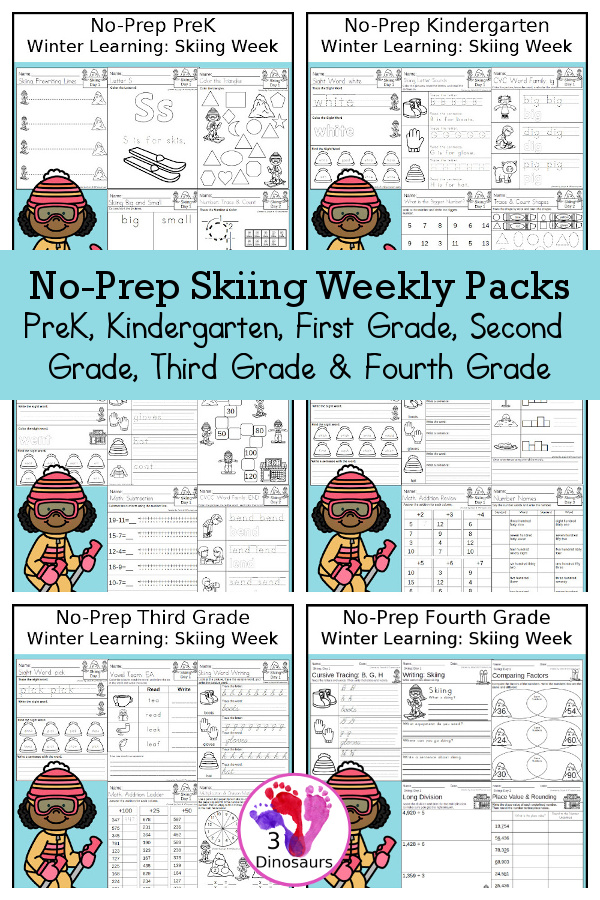 No-Prep Skiing Weekly Packs – for Prek to 4th Grade