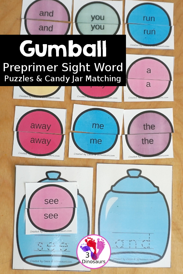 Free Preprimer Sight Word Gumball Puzzles with Match & Tracing