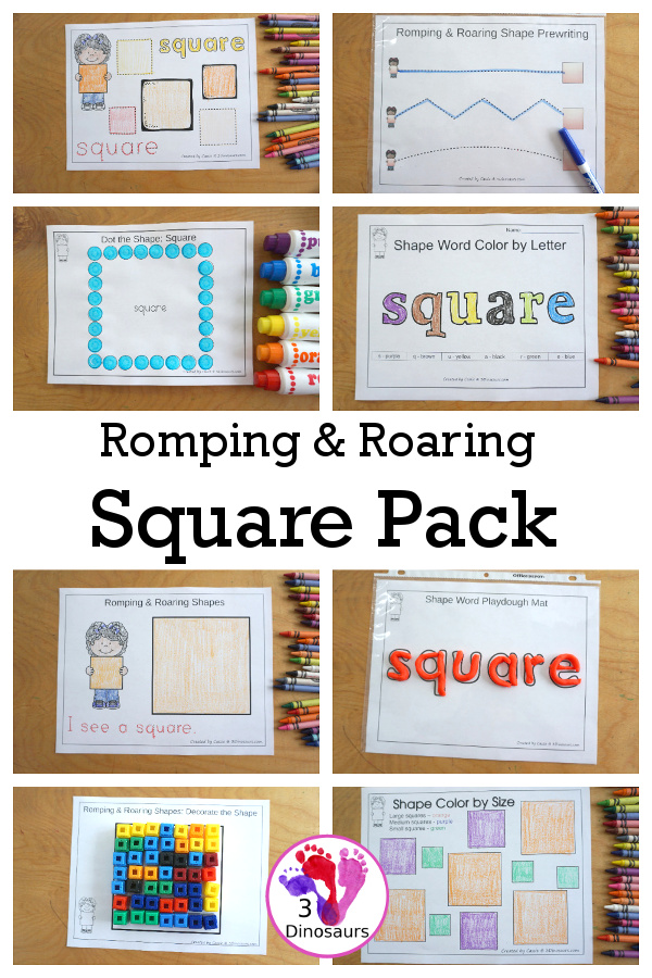 Free Romping & Roaring Square Pack - 10 pages of activities for learning about squares with worksheets and playdough mats - 3Dinosaurs.com