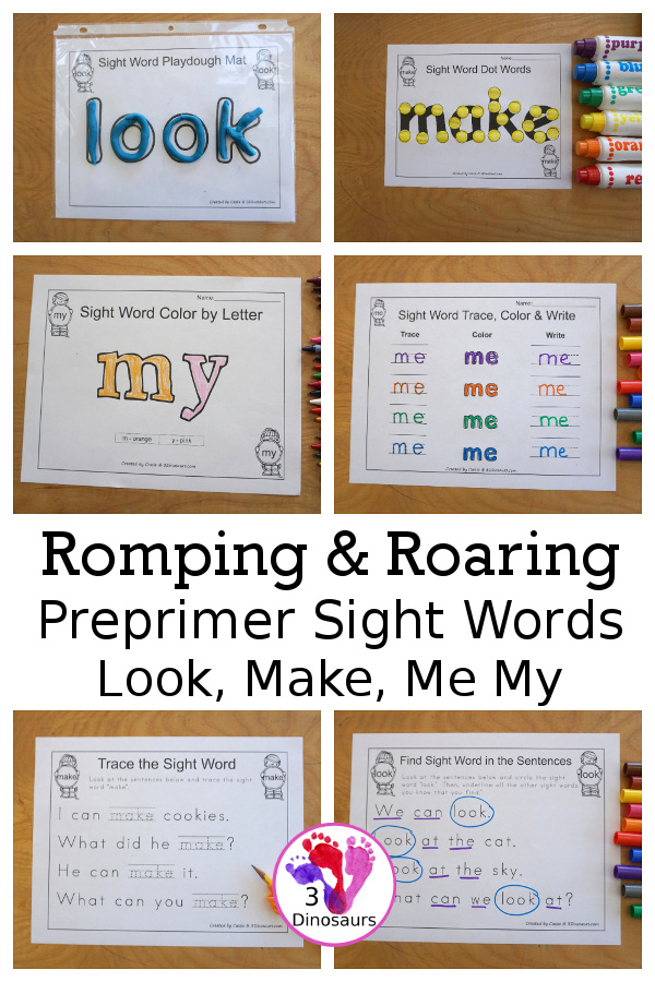 Free Romping & Roaring Preprimer Sight Words Packs Set 6: Look, Make, Me, My