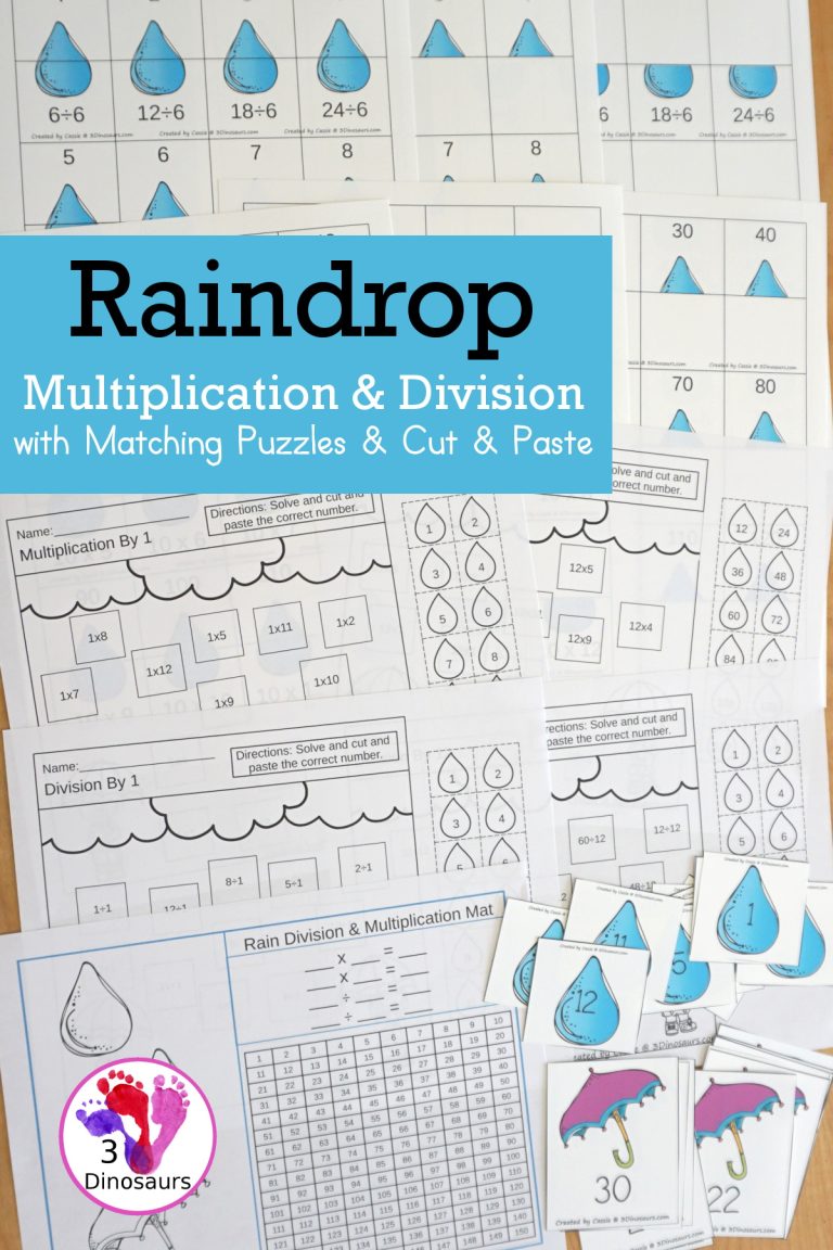 Raindrop Multiplication & Division Puzzles and Cut & Paste Worksheets