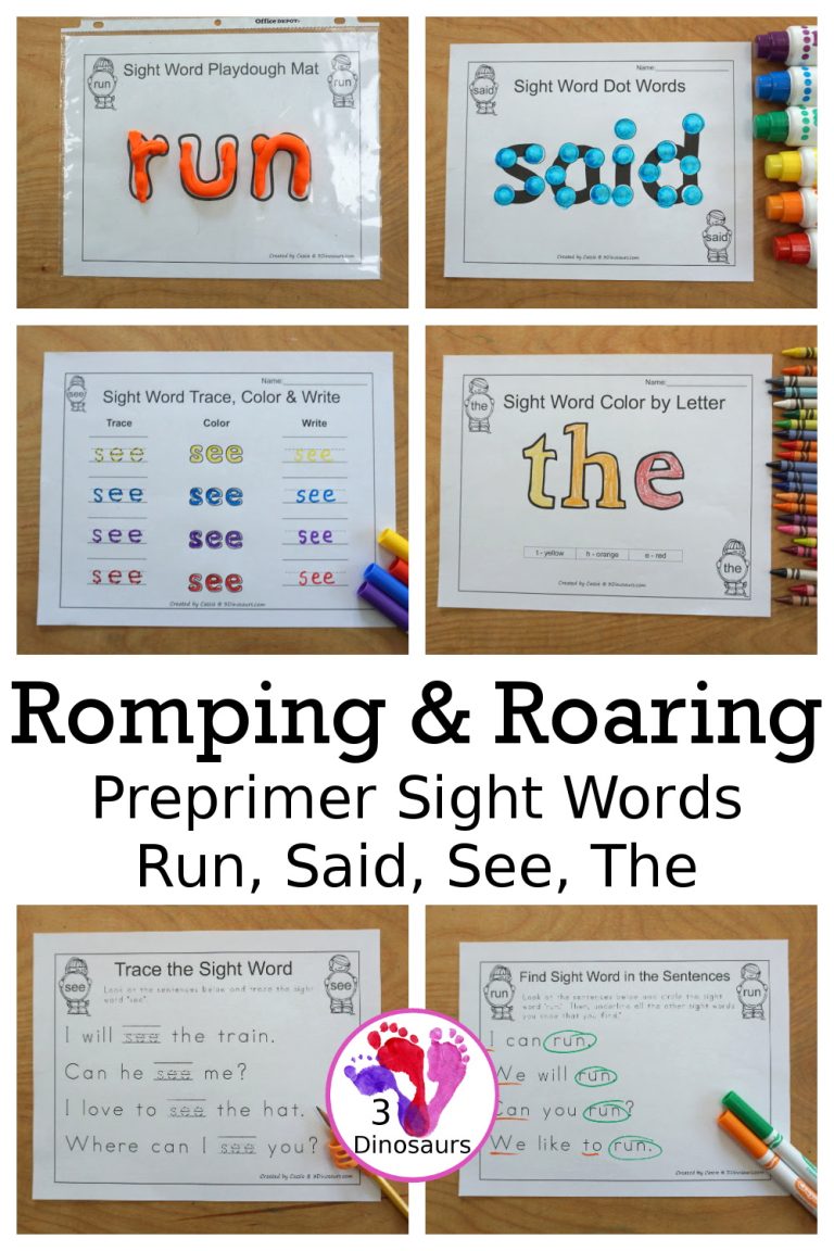 Free Romping & Roaring Preprimer Sight Words Packs Set 8: Run, Said, See, The