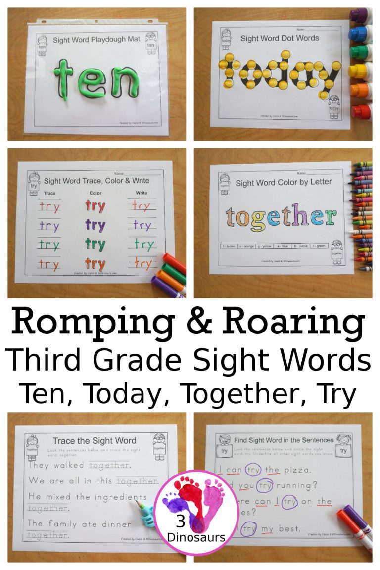 Free Romping & Roaring Third Grade Sight Words Packs Set 10: Ten, Today, Together, Try