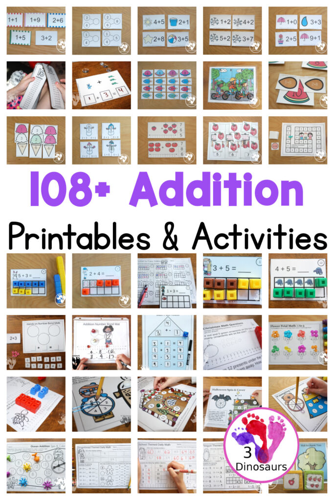 108+ Addition Printables & Activities – 3 Dinosaurs