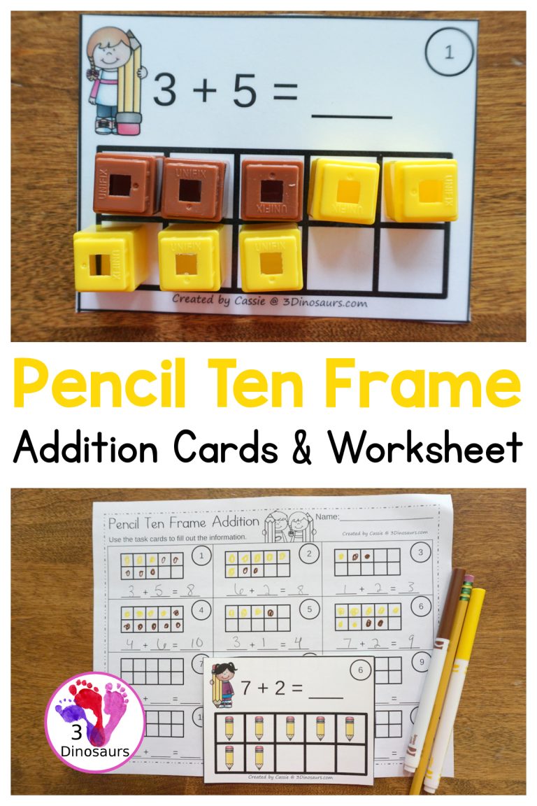 Free Pencil Ten Frame Addition Cards & Worksheet Printables