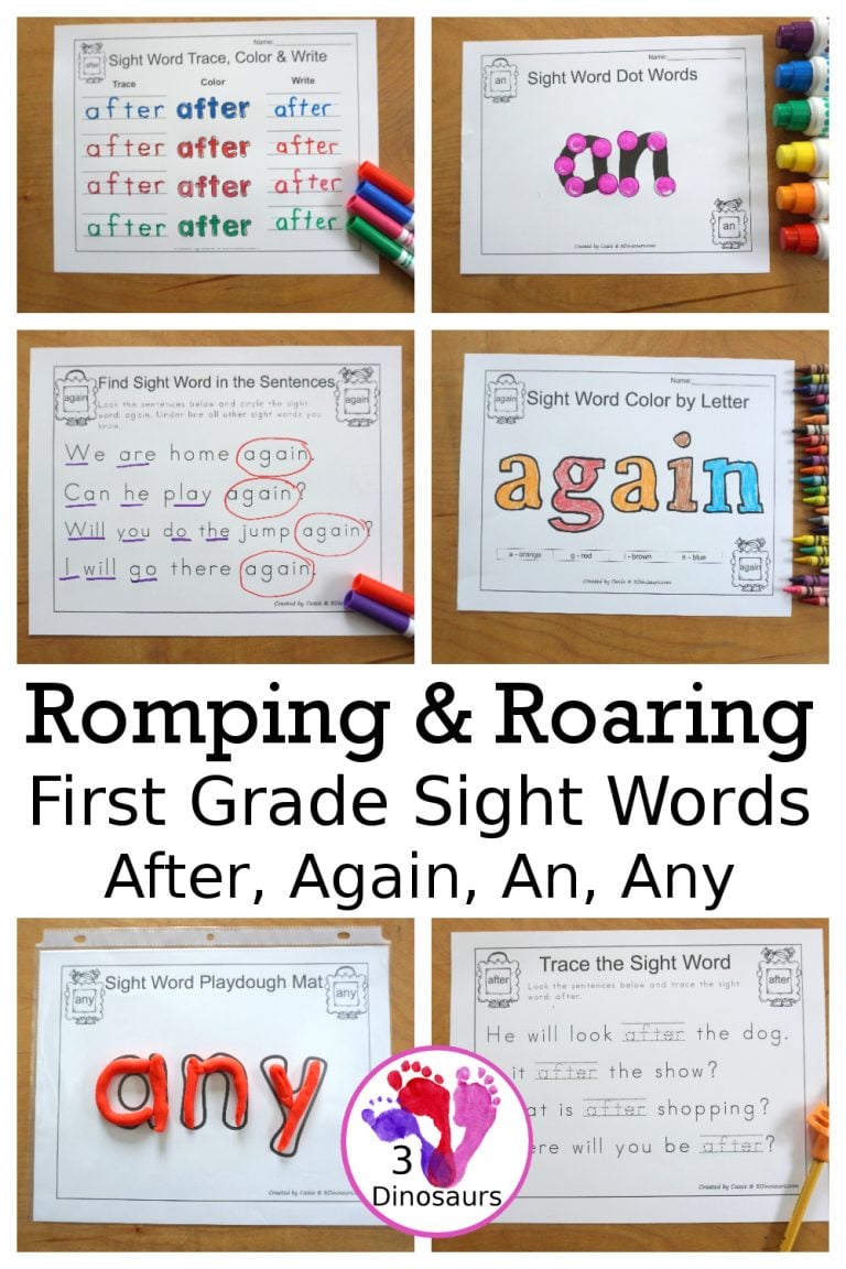 Free Romping & Roaring First Grade Sight Words Set 1: After, Again, An, Any